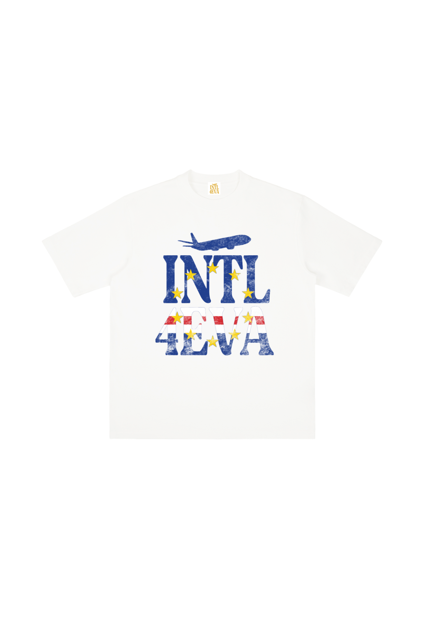 PRE-ORDER INTL4EVA CV t-shirt white front view with INTL 4EVA multicolor print
