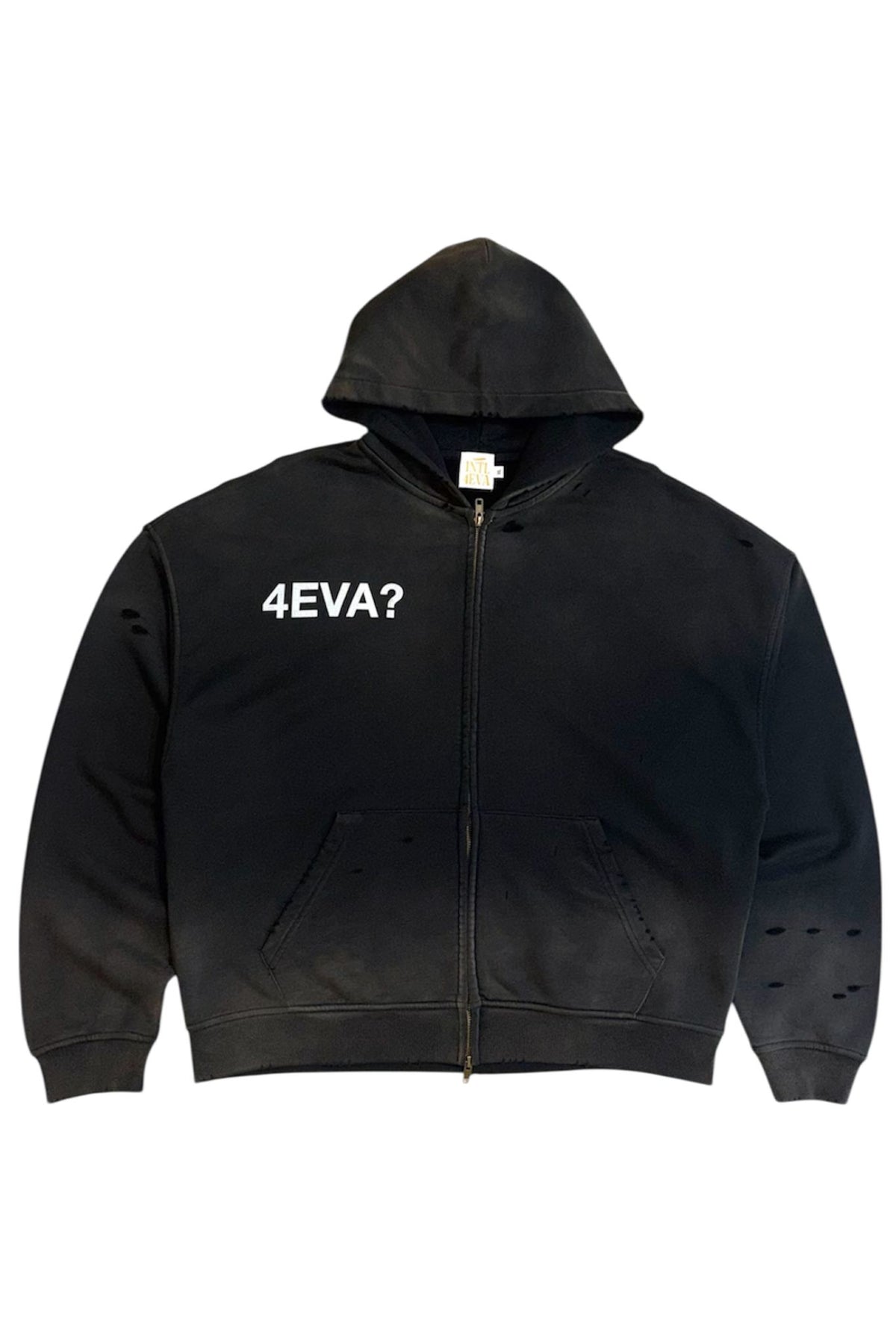 4EVA? distressed zipper hoodie black styled on model
