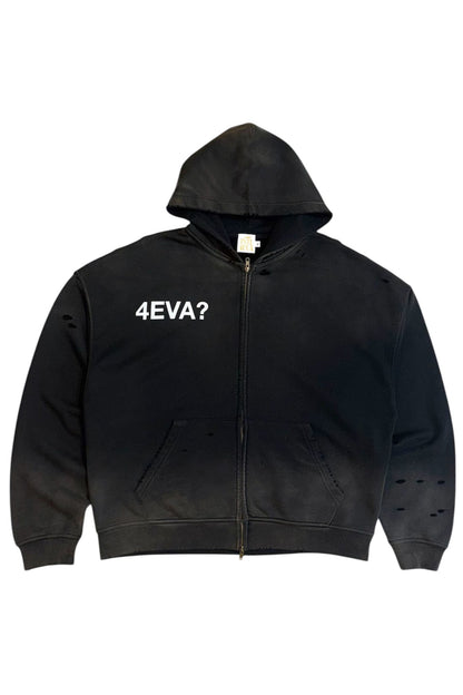 4EVA? distressed zipper hoodie black styled on model