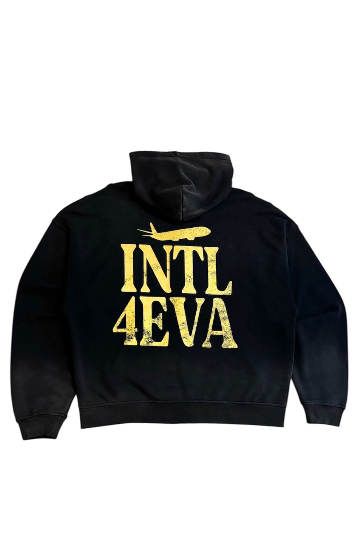 4EVA? distressed zipper hoodie black worn, lifestyle shot