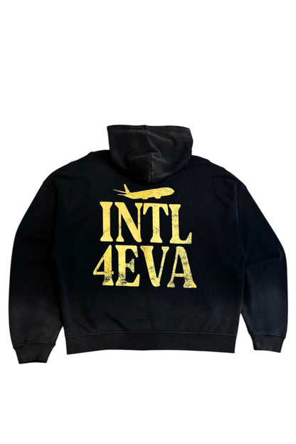 4EVA? distressed zipper hoodie black worn, lifestyle shot
