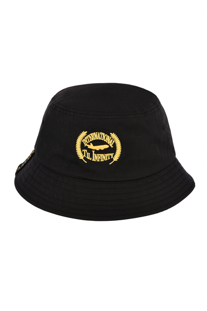 A black nylon bucket hat with a flat top and a logo printed on the front.