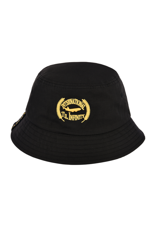 A black nylon bucket hat with a flat top and a logo printed on the front.