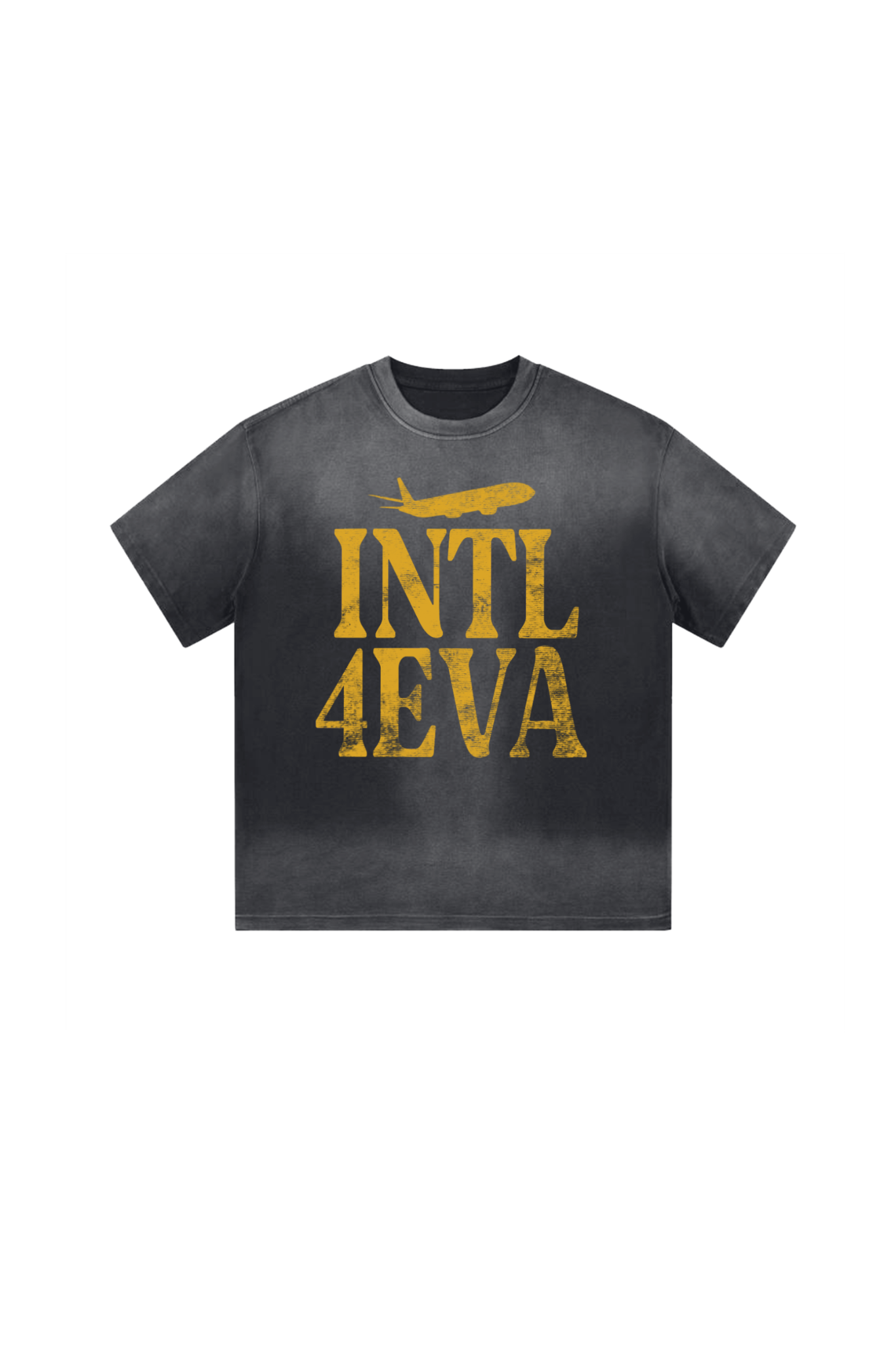 Black t-shirt with yellow text 'INTL 4EVA' on a white background