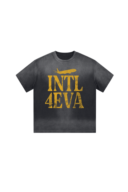Black t-shirt with yellow text 'INTL 4EVA' on a white background
