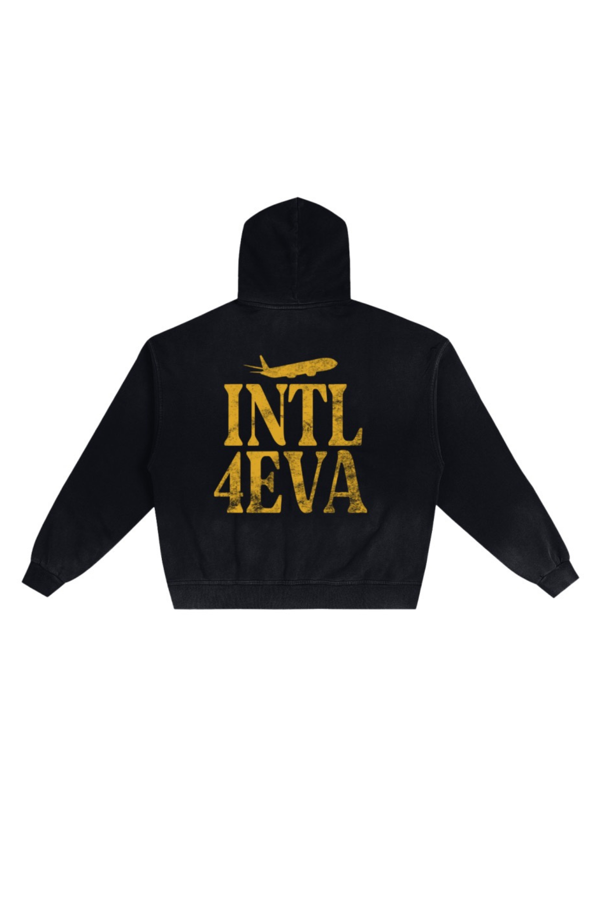 INTL4EVA black zip hoodie with vintage distressing and gold INTL4EVA back print
