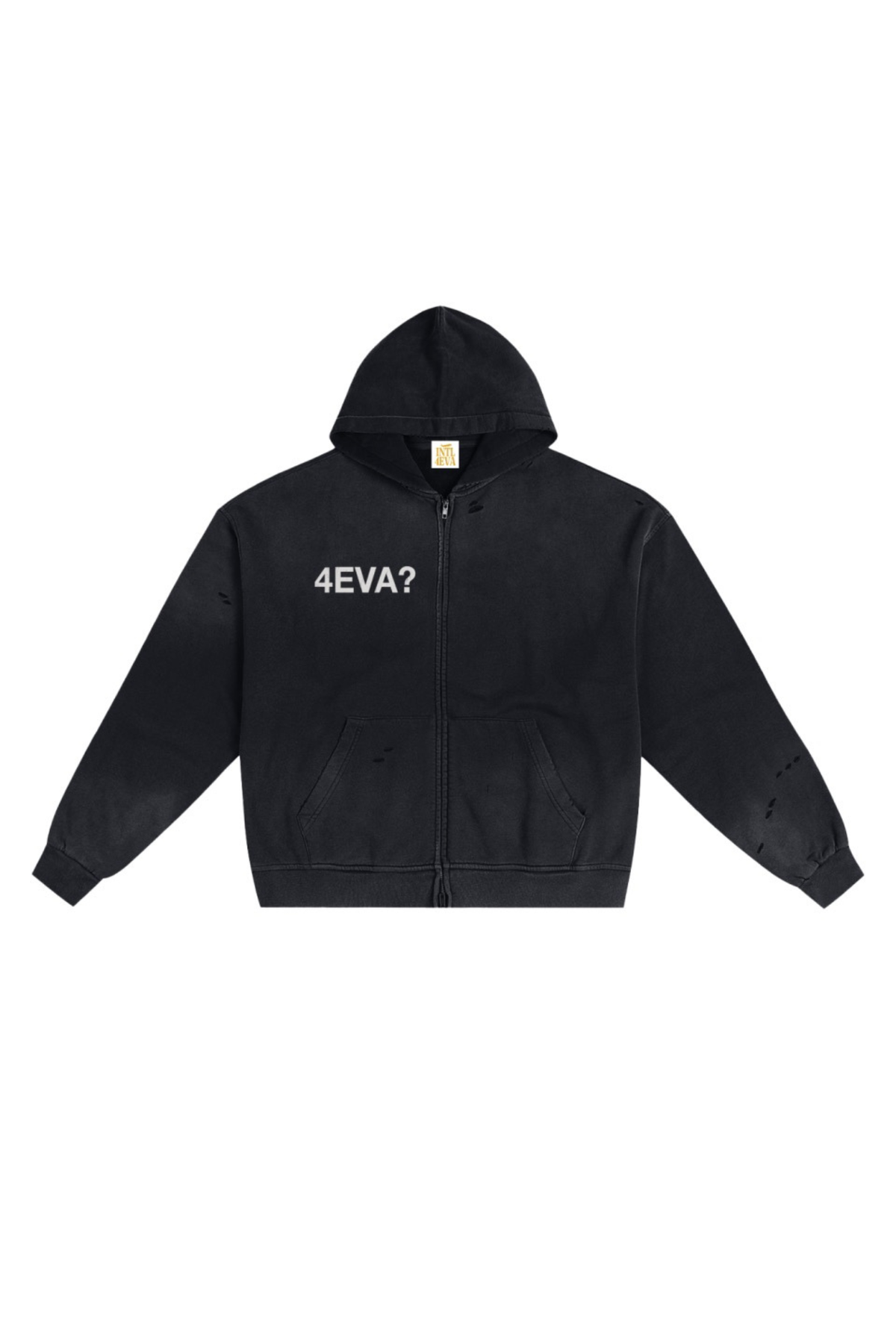 INTL4EVA vintage distressed black zip hoodie with light frayed details and front 4EVA? logo

