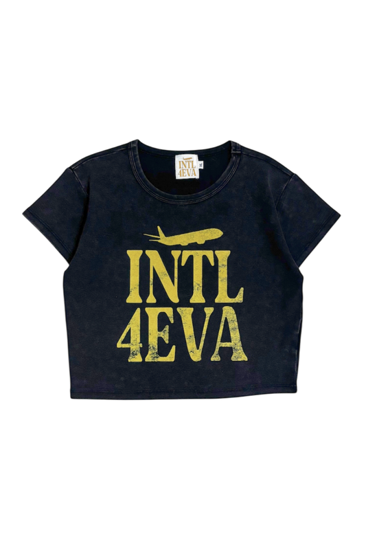 Black t-shirt with yellow text and airplane intl4eva graphic on a white background